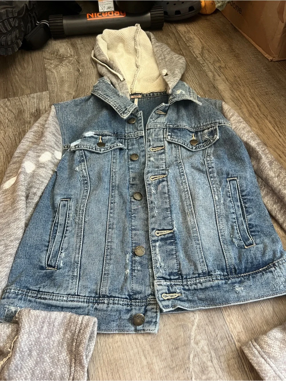 Free People | Distressed Knit Sleeve Denim Jacket S Grunge Hooded Streetwear - Picture 8 of 14